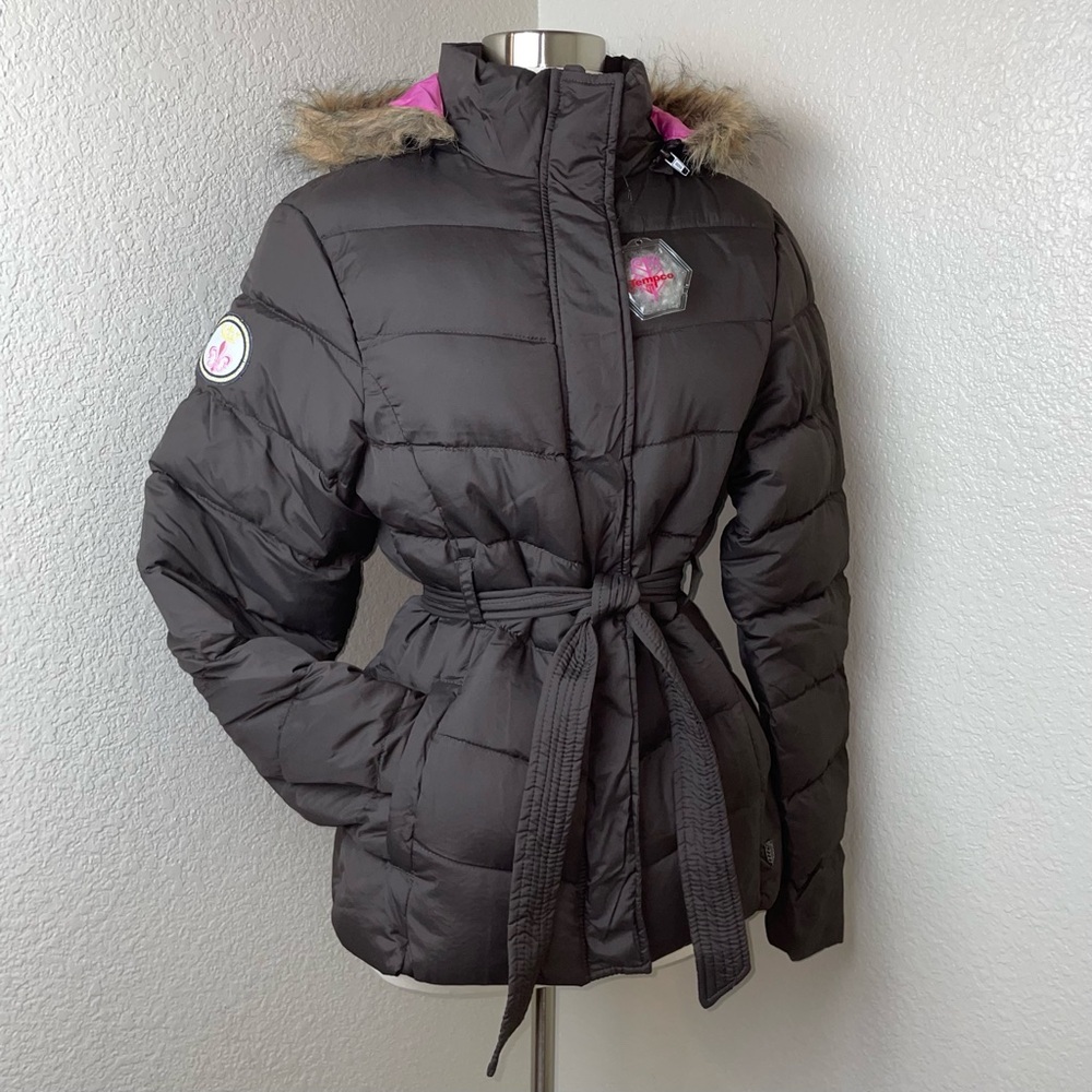 NWOT Y2K Tempco Brown/Pink Fur-Trim Hood Down Puffer Jacket